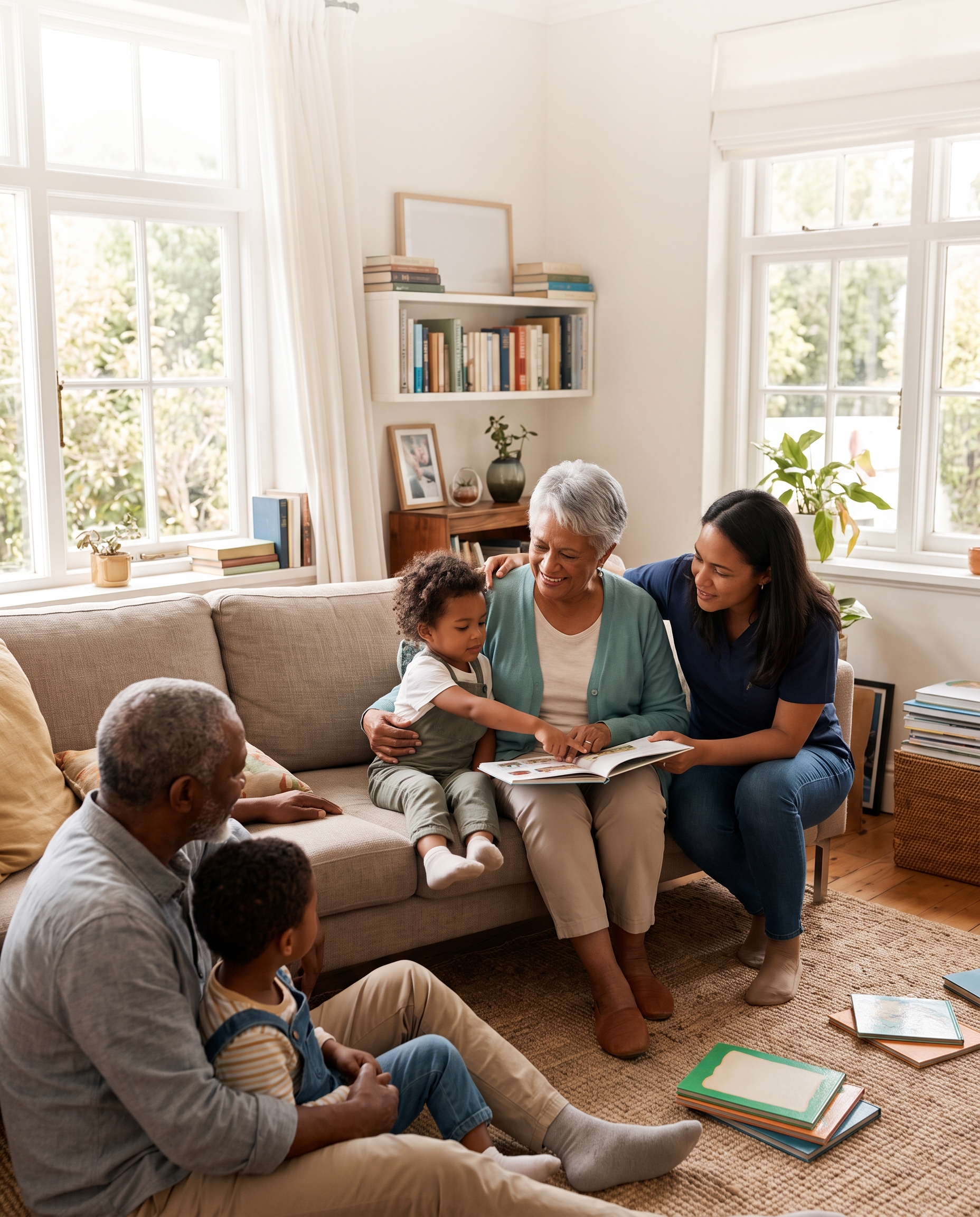 A multigenerational family and caregiver reading together in a sunlit living room